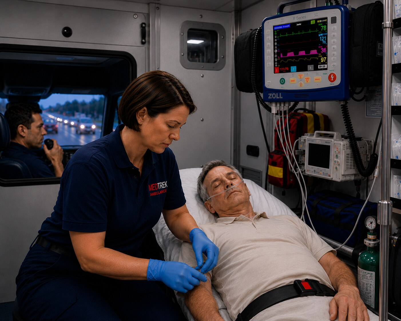 Paramedic administering care in an ALS ambulance