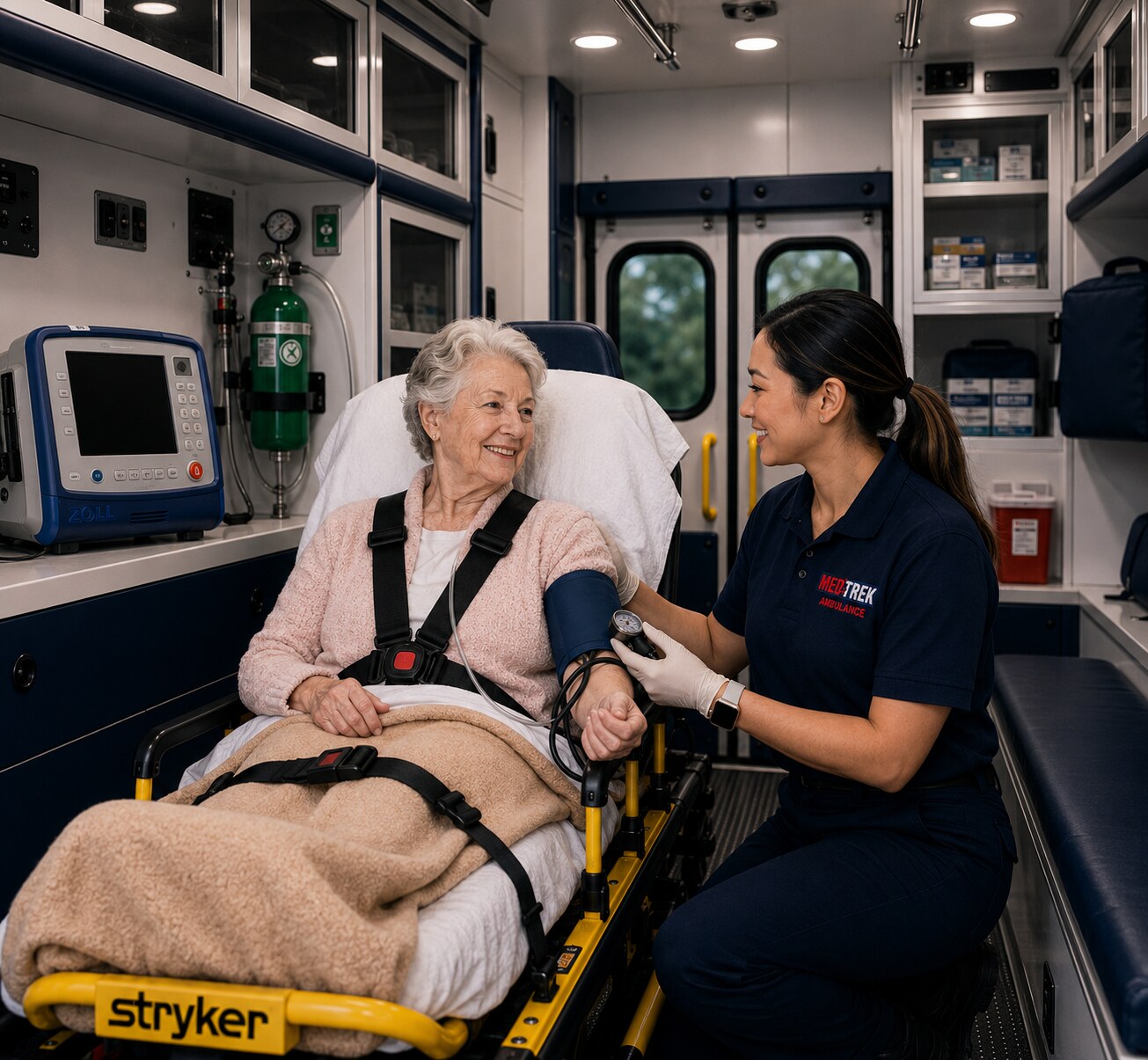 Medtrek EMT assisting a patient in a BLS ambulance