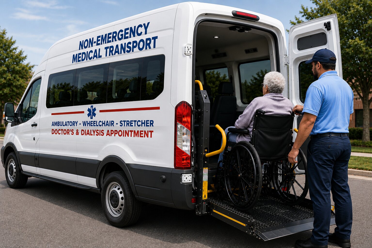 Medtrek crew assisting a patient during a non-emergency medical transport